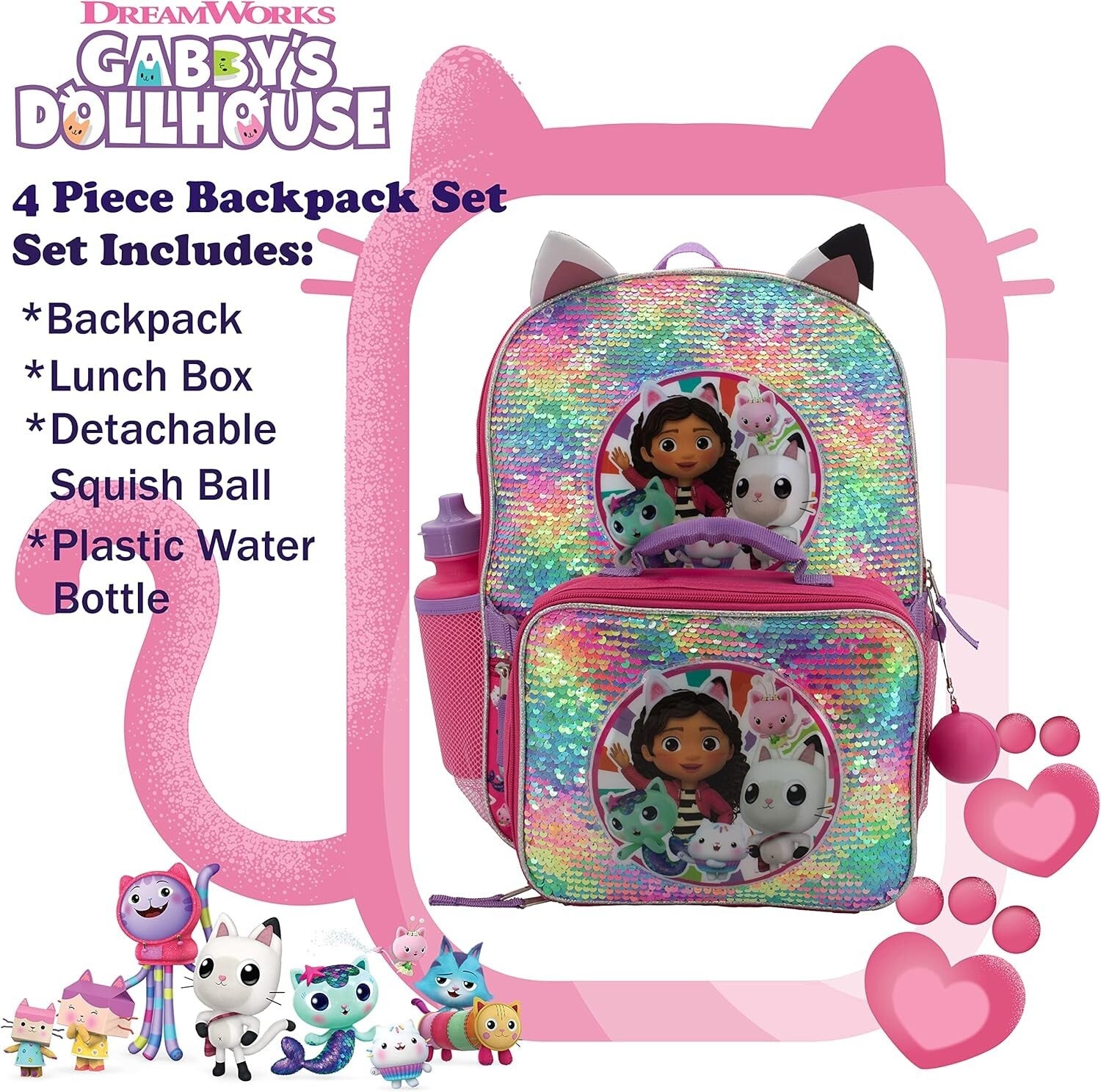 Durable 16" Gabby’s Dollhouse Sequin Backpack Set - Perfect for School Travel