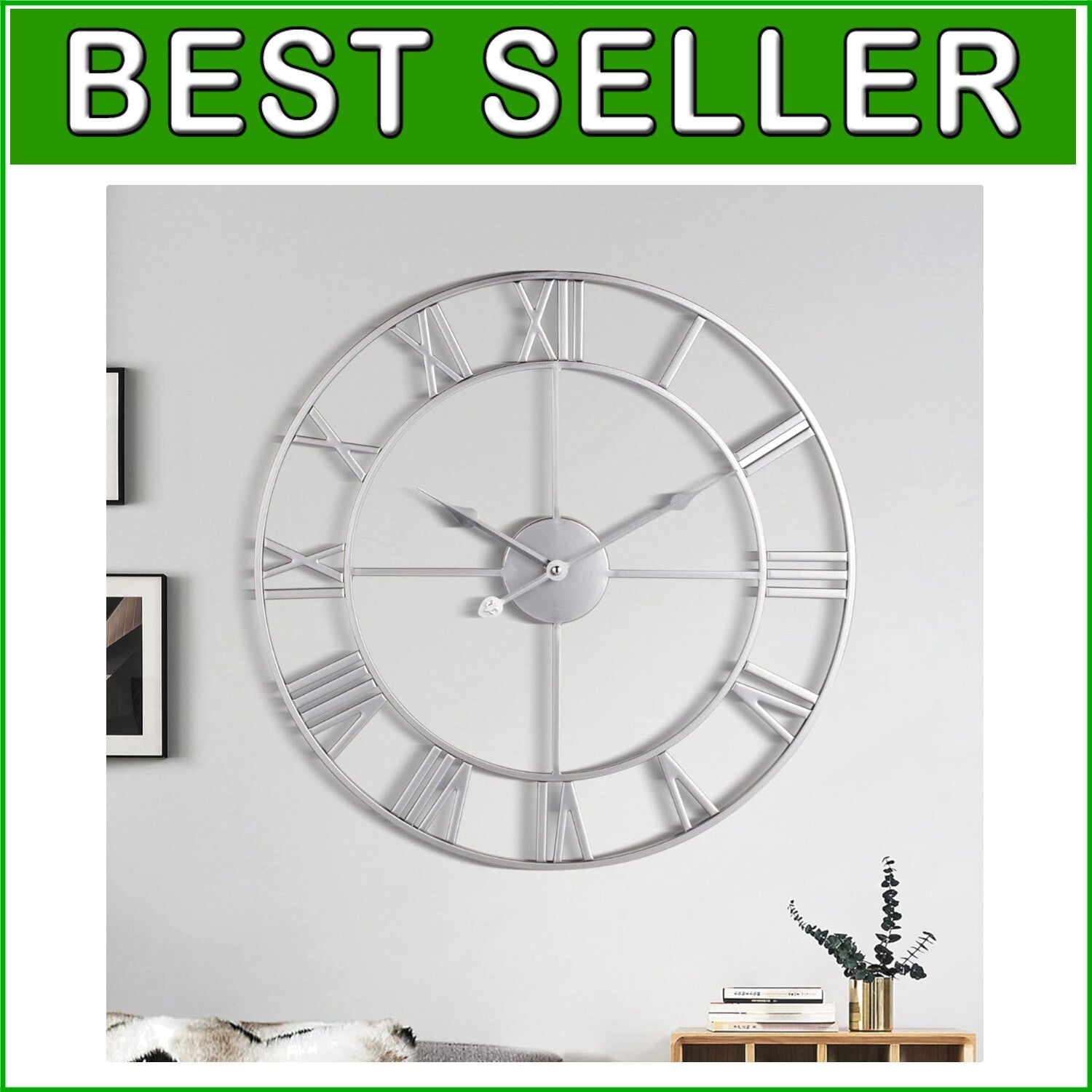 Elegant 18-Inch Retro Roman Numeral Wall Clock - Almost Silent Silver Decor