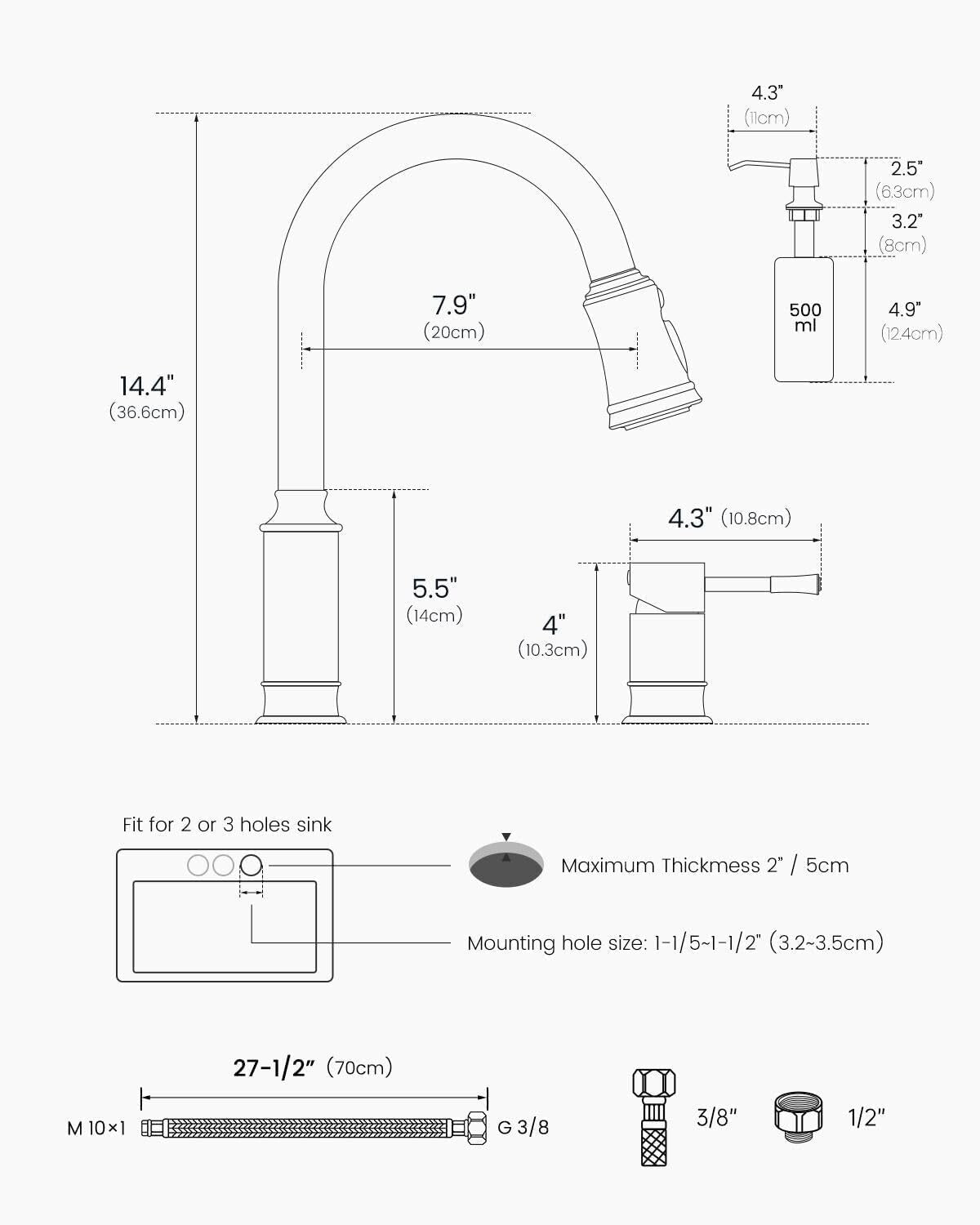 Brushed Nickel Kitchen Faucet with Soap Dispenser & Pull Down Sprayer - 3 Holes