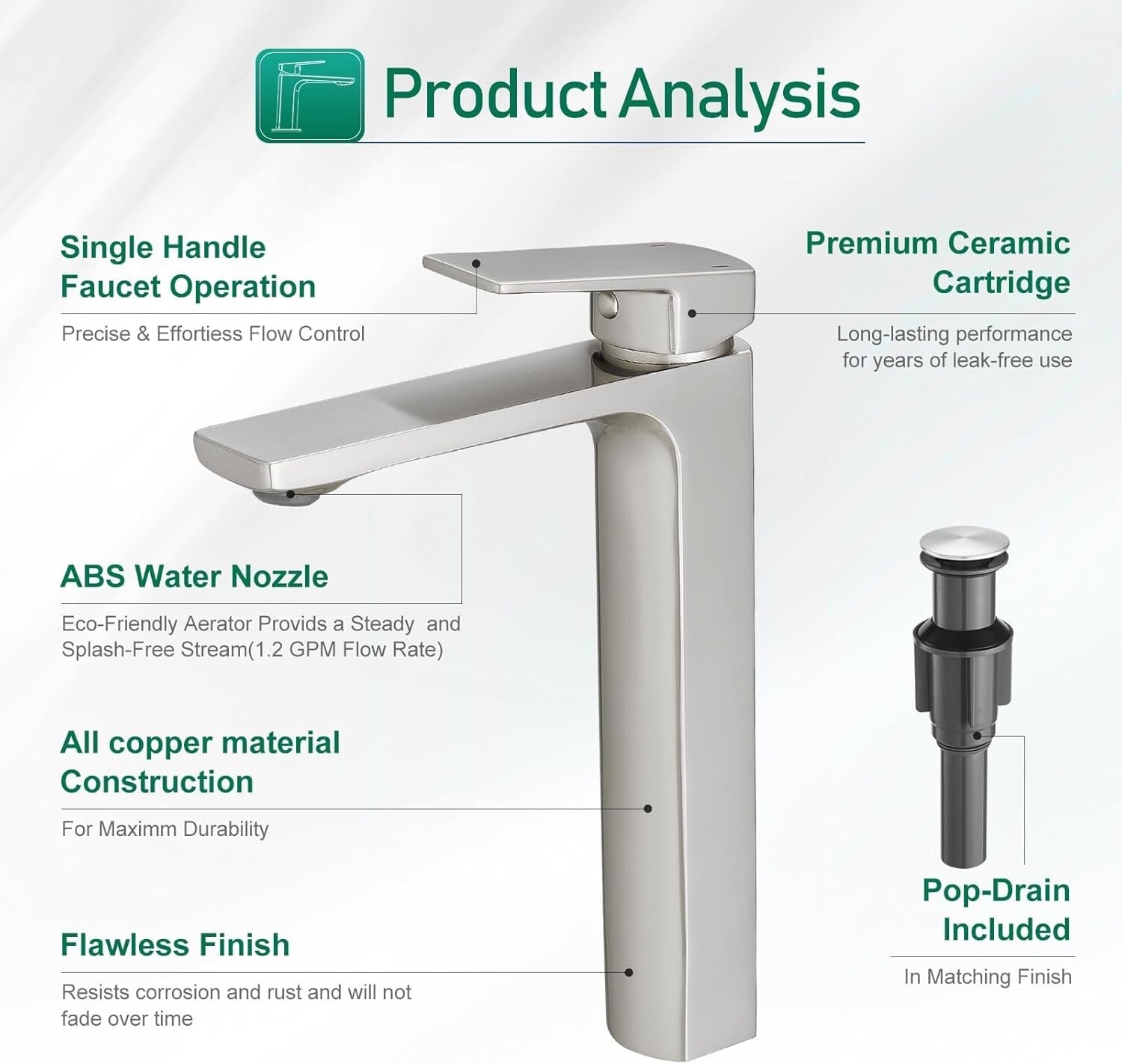 Tall Single Handle Brass Bathroom Faucet with Pop-Up Drain – Modern & Efficient