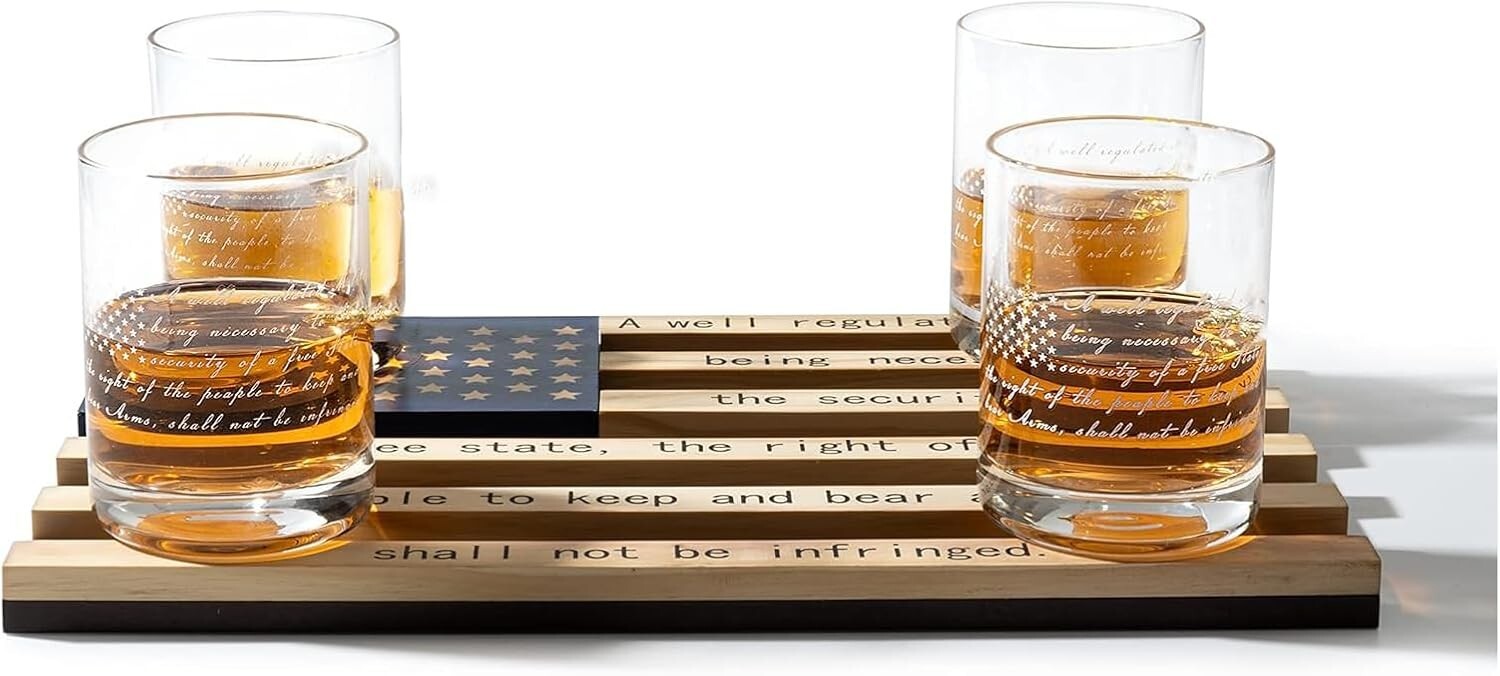 Patriotic Whiskey Rocks Glasses Set with Elegant Wood Tray - 2nd Amendment Gift