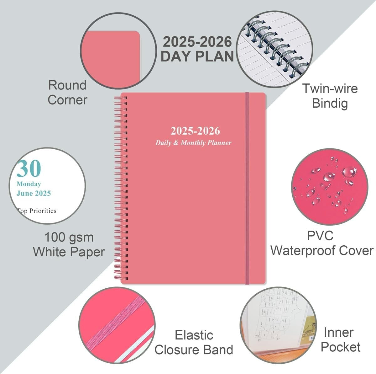 2025-2026 Stylish Daily & Monthly Planner - One Page Per Day, Pink 8.5”x11”