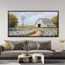 Load image into Gallery viewer, Large Retro Landscape Canvas - Wildflower Meadow with Windmill &amp; Barn, 29x58in