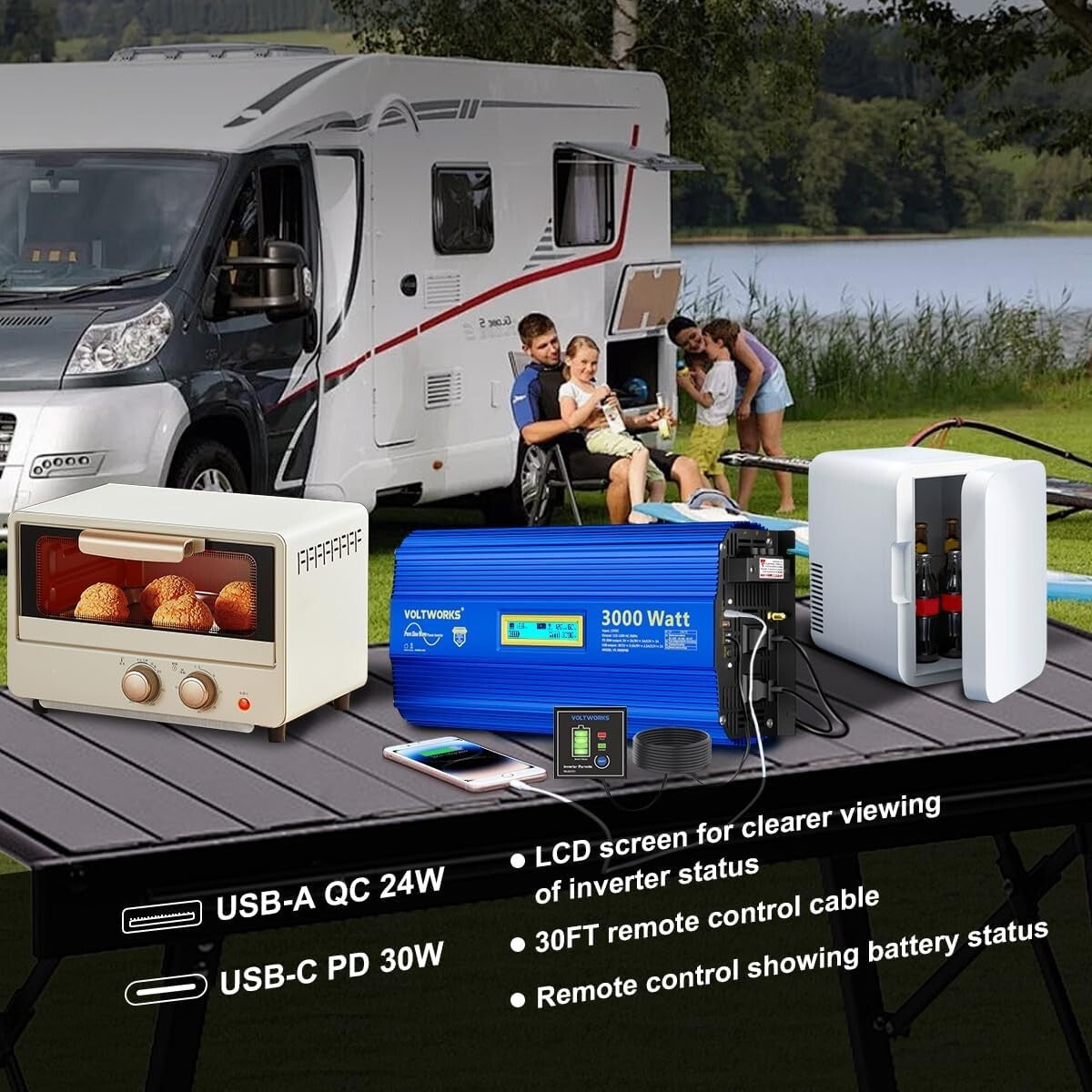 Advanced 3000W Power Inverter, 6000W Surge for Off-Grid Solar & Vehicles