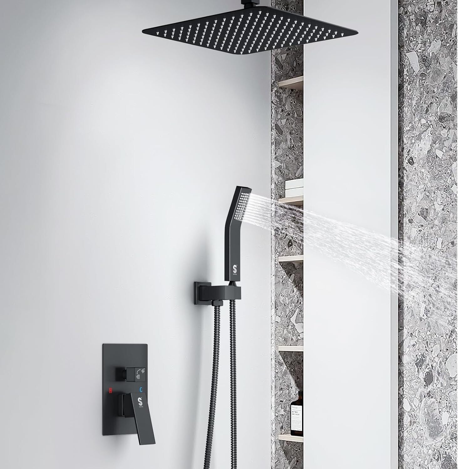 Matte Black Luxury Shower Faucet Set - 12 Inch Rain Shower Head with Trim Kit
