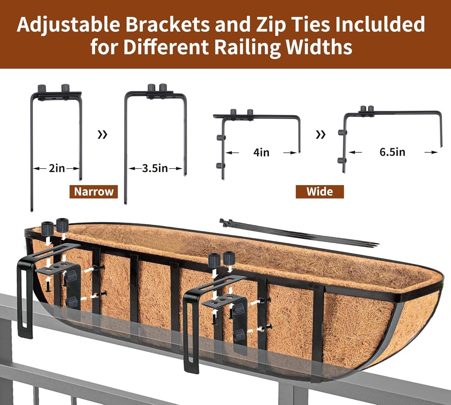 Elegant Rectangular 30" Railing Planter with Coco Liners - Add Rustic Charm!