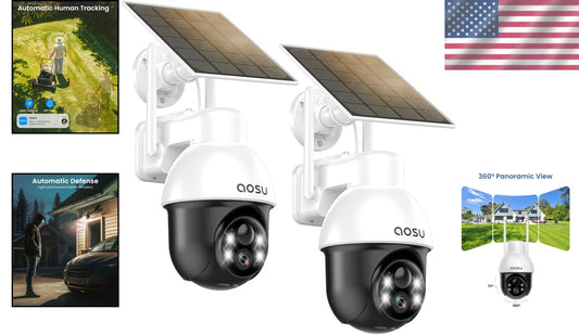 2-Pack Solar Powered Security Camera with 360° View - Alexa & Google Compatible