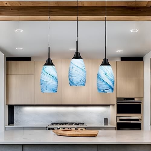 Elegant Blue Marble Art Glass Pendant Lighting - 3-Pack Adjustable Fixtures