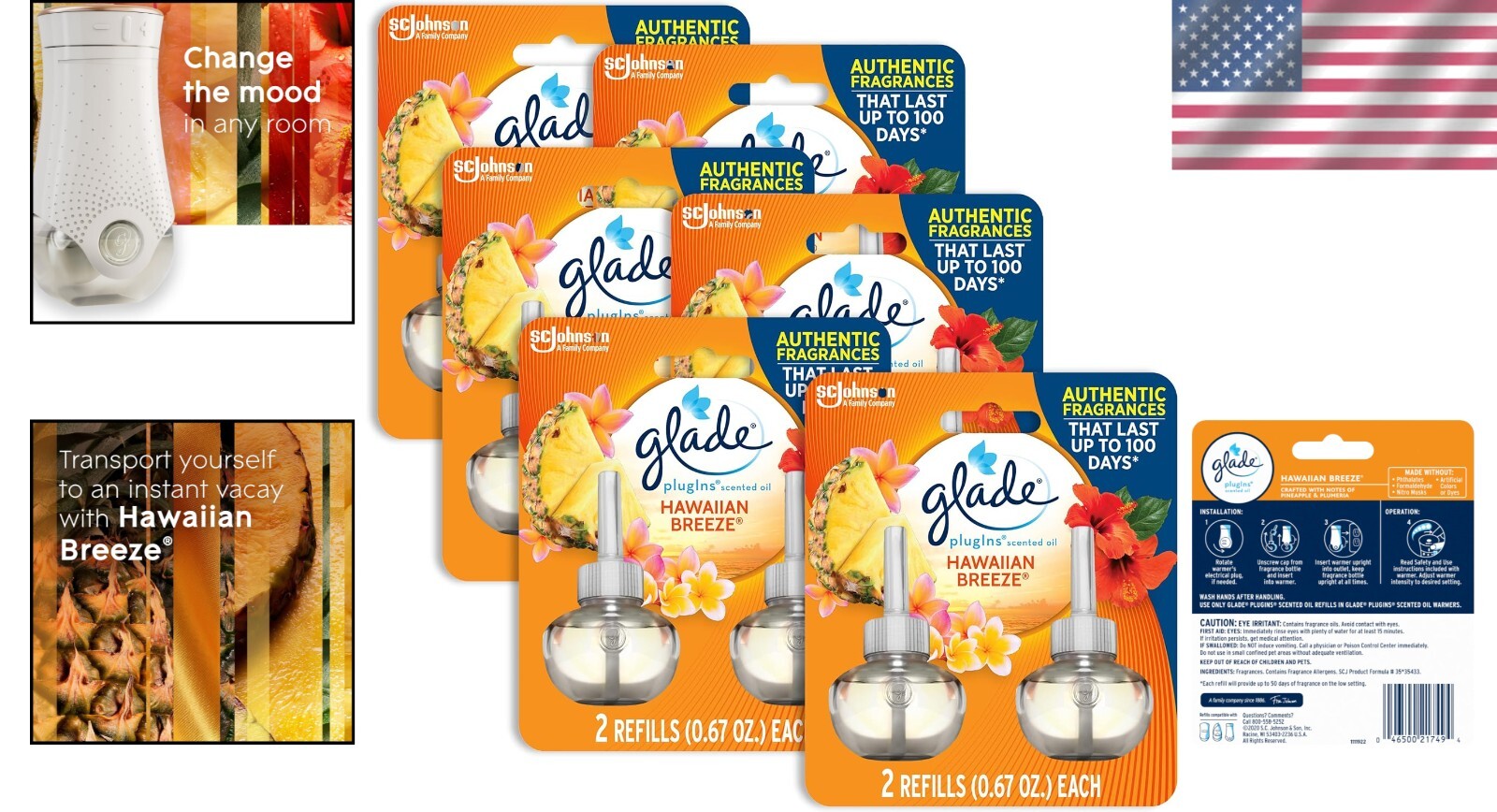 Adjustable Hawaiian Breeze PlugIns Air Freshener - 6 Refill Bottles, 50 Days