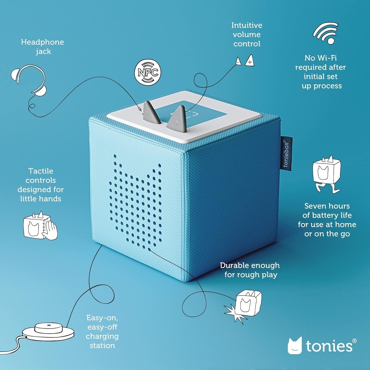 Interactive Light Blue Toniebox with Charging Station and Favorite Characters