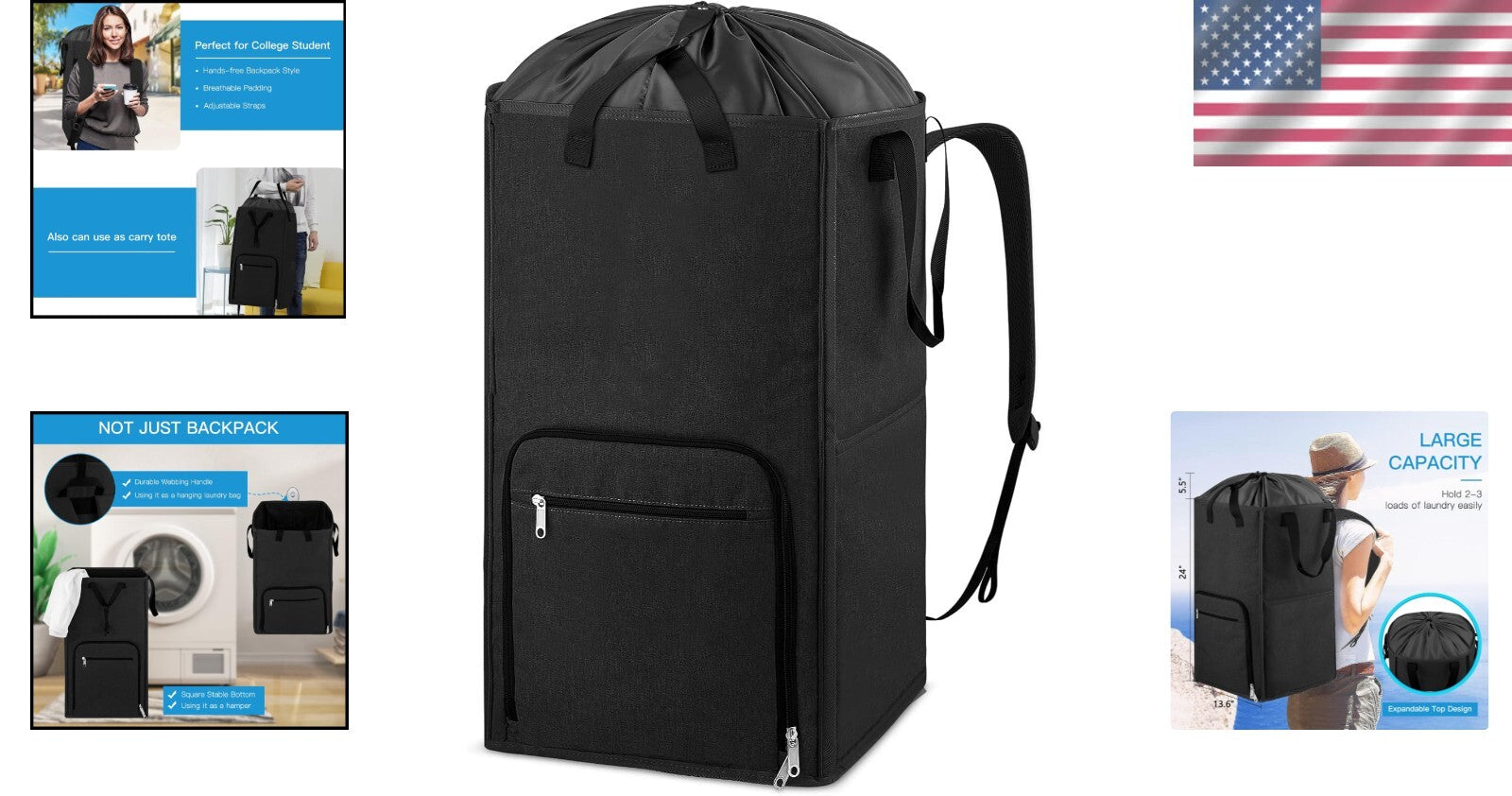 Large Durable Backpack Hamper with Zipper and Drawstring Closure for Easy Use