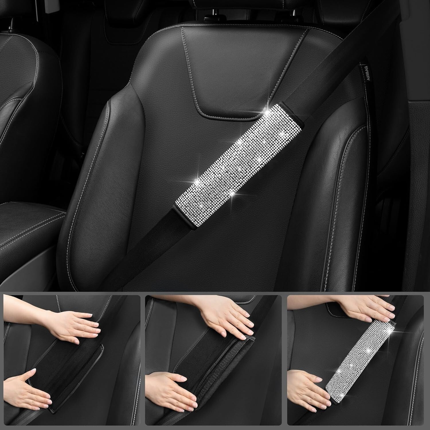 Gorgeous Leather Diamond Seat Covers & Sparkly Steering Wheel Set for Women