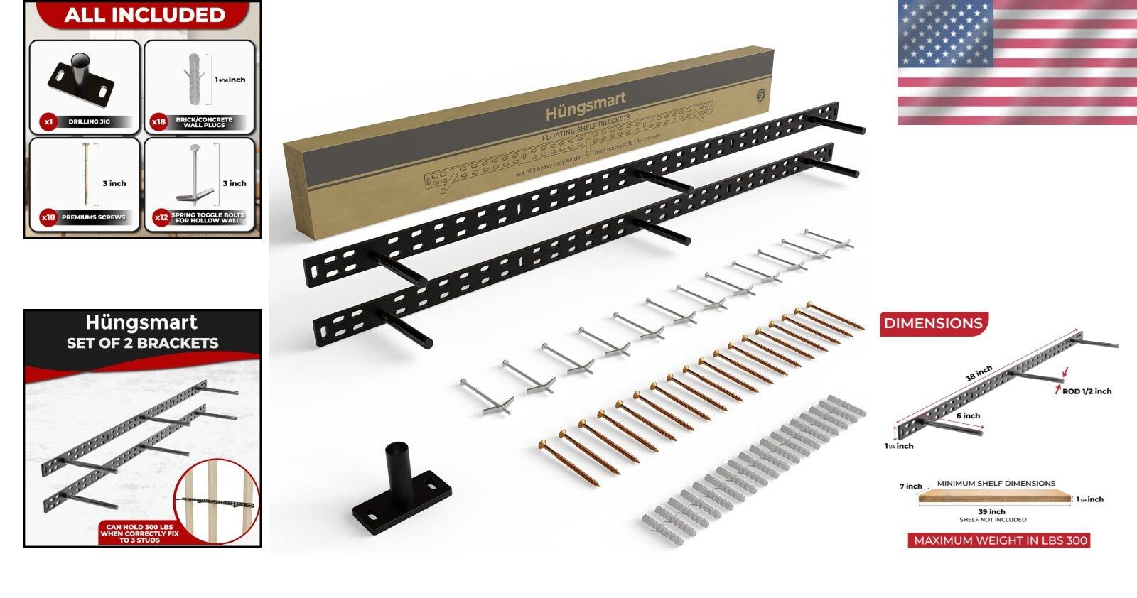 Complete Floating Shelf Bracket Set with Installation Hardware - 6 Inch Rods