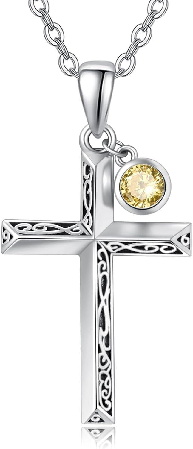 Personalized Birthstone Cross Necklace in 925 Sterling Silver for Men & Women