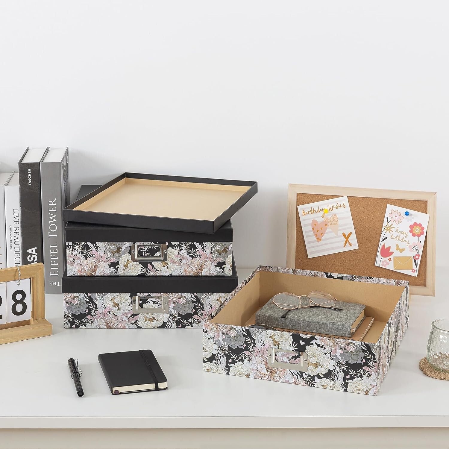 Versatile Floral Keepsake Boxes in Three Sizes - Elegant Garden Noir Storage Set