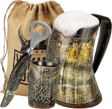 Load image into Gallery viewer, Authentic 16oz Ox Horn Mug Set: Vintage Viking Tankard with Shot Glass &amp; Opener