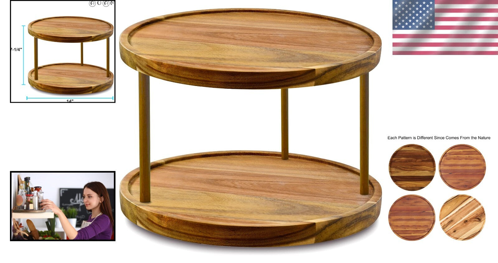 Elegant 14 Inch Acacia Wood Lazy Susan - Durable Kitchen Turntable Organizer