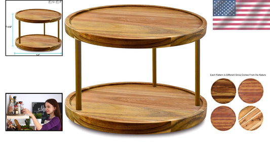 Elegant 14 Inch Acacia Wood Lazy Susan - Durable Kitchen Turntable Organizer