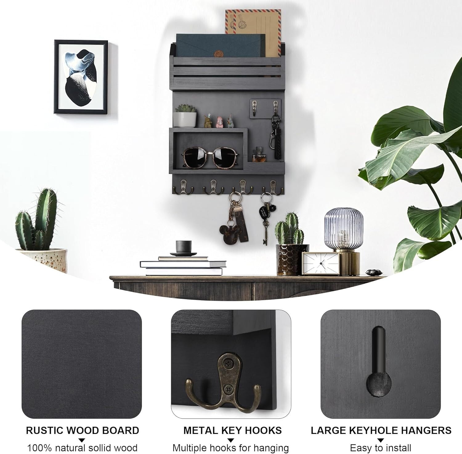 Versatile Wall-Mounted Key and Mail Organizer with Double Hooks - Rustic Charm