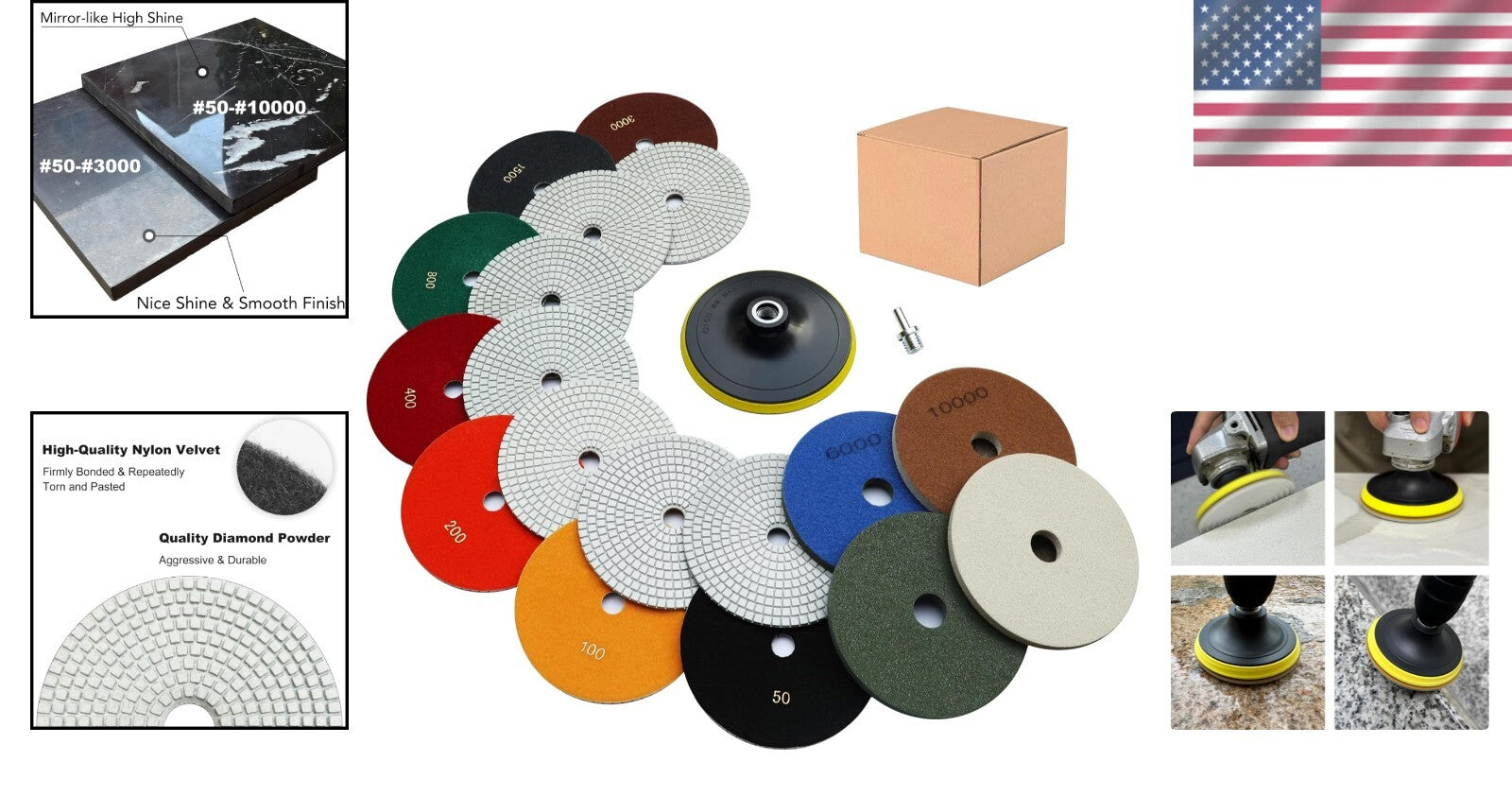 Wet/Dry Diamond Polishing Pads Kit with 11 Pieces for Polishing Stone Surfaces