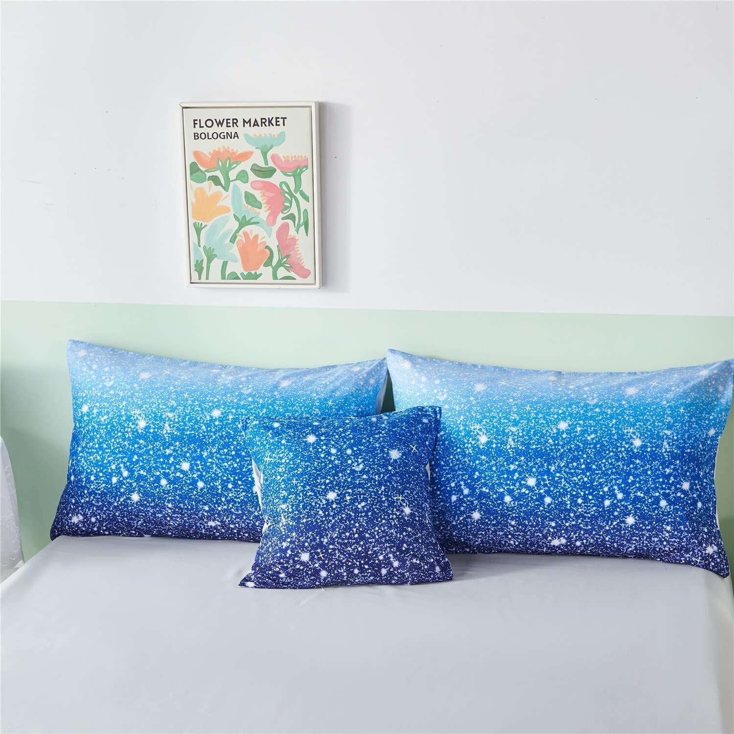 6Pcs Ombre Aqua Blue Glitter Comforter Set for Full Size Beds - Kids Design