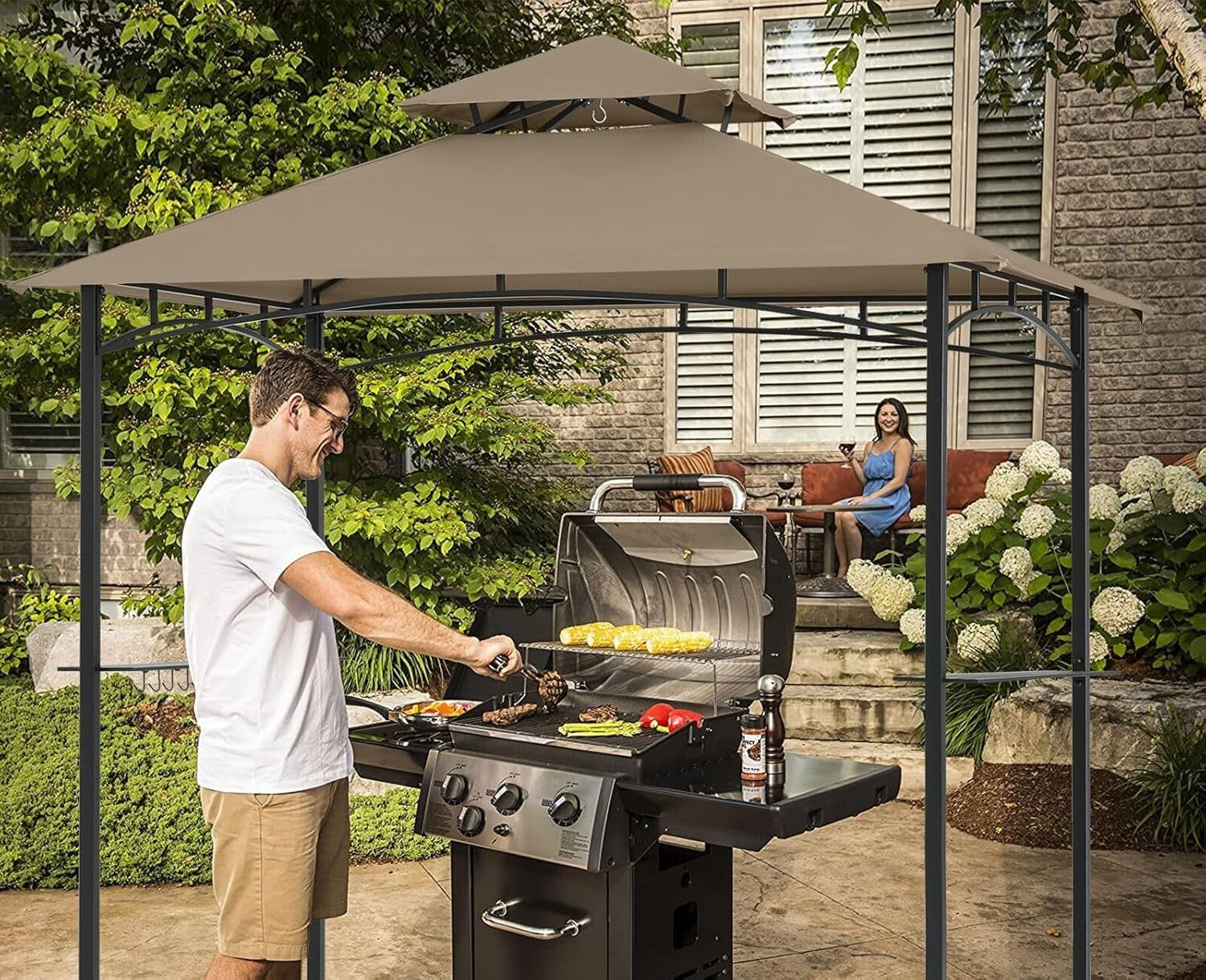 Elegant Double Tier 5x8 Canopy Replacement in Khaki - Grill Gazebo Essential