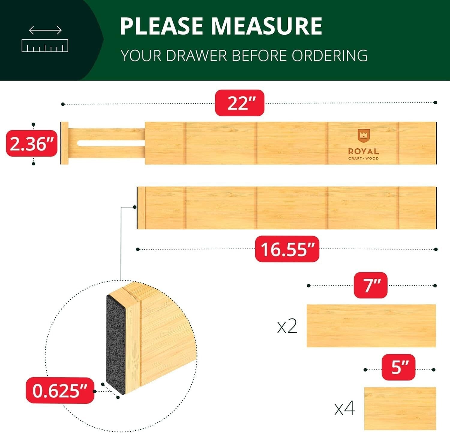 Expandable Drawer Organization Set in Bamboo - Adjustable Dividers for Max Space