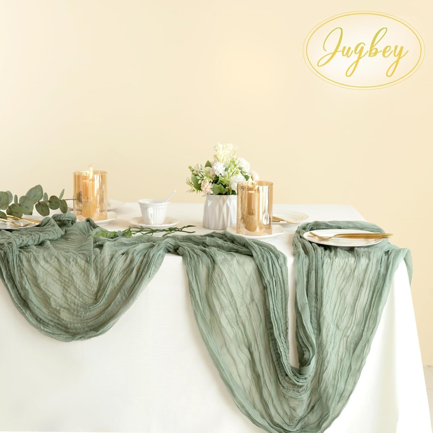 Sage Green Cheesecloth Table Runner 10ft for Elegant Weddings & Celebrations