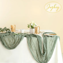 Load image into Gallery viewer, Sage Green Cheesecloth Table Runner 10ft for Elegant Weddings &amp; Celebrations