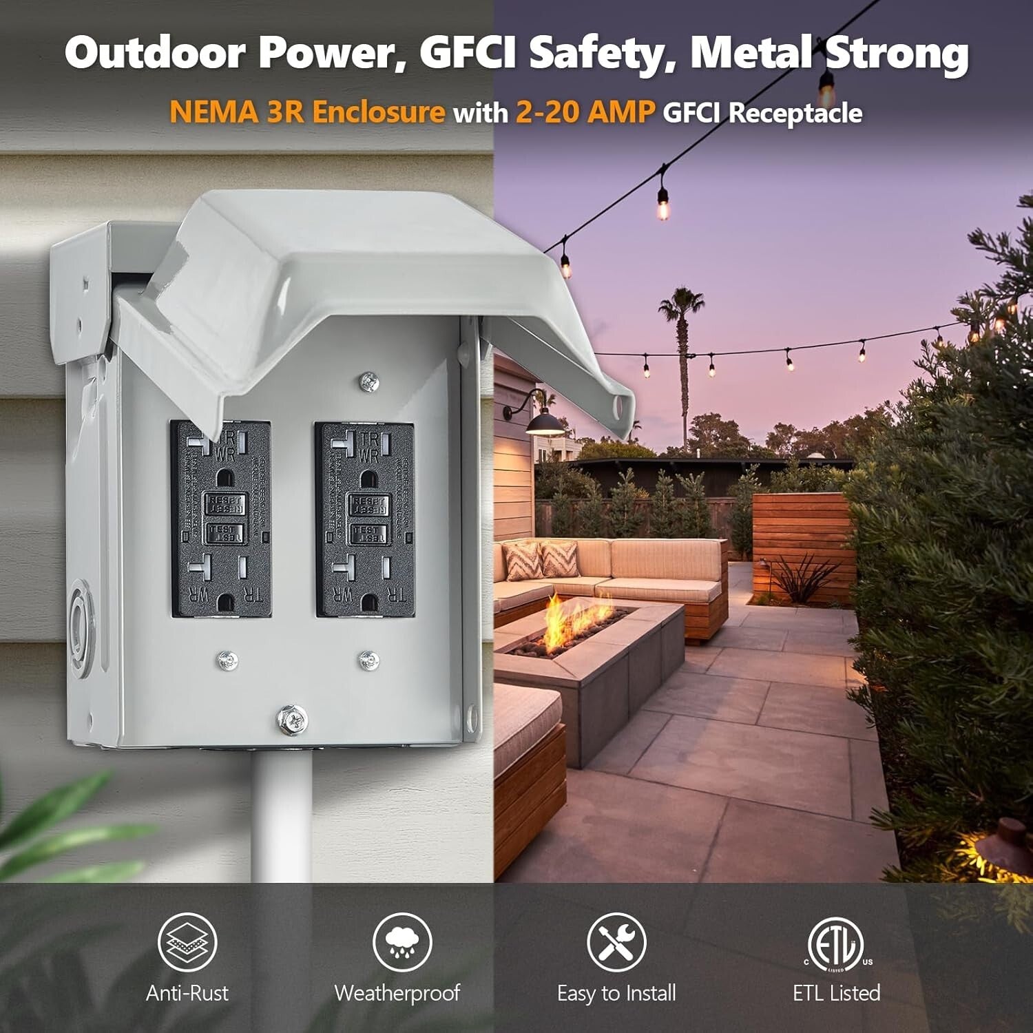 Dual 20 AMP GFCI Outdoor Outlet Box - Rainproof Steel Enclosure for Durability