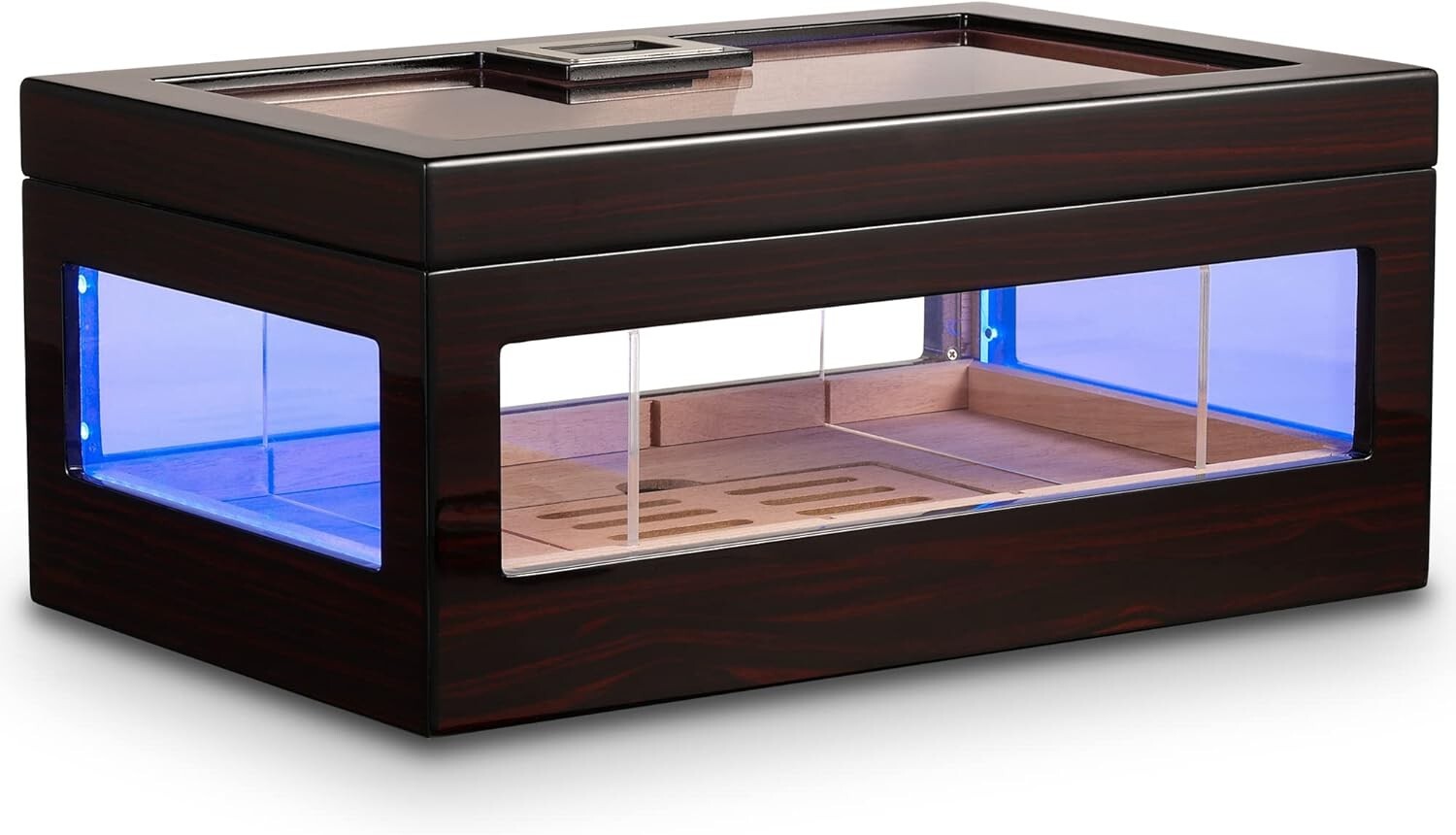 Stylish Cigar Humidor for 120 Cigars with Crystal Gel & Adjustable LED Lighting
