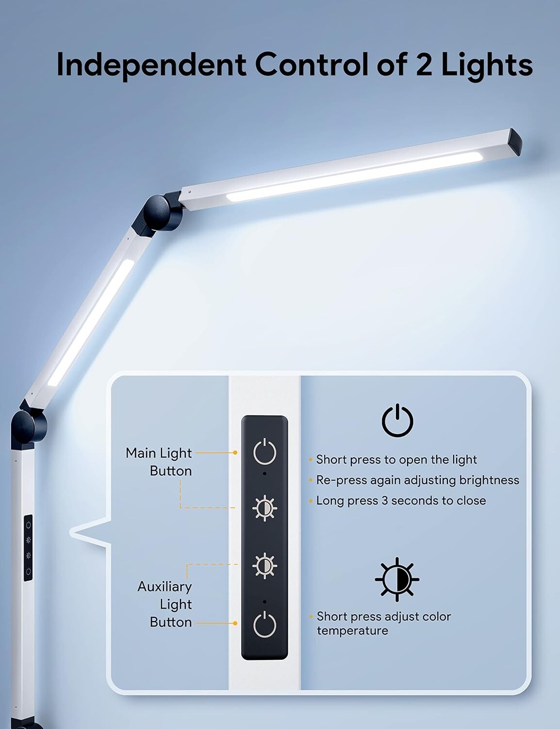 Modern Dual Light Clamp Desk Lamp - Eye-Caring Dimmable LED with Touch Control