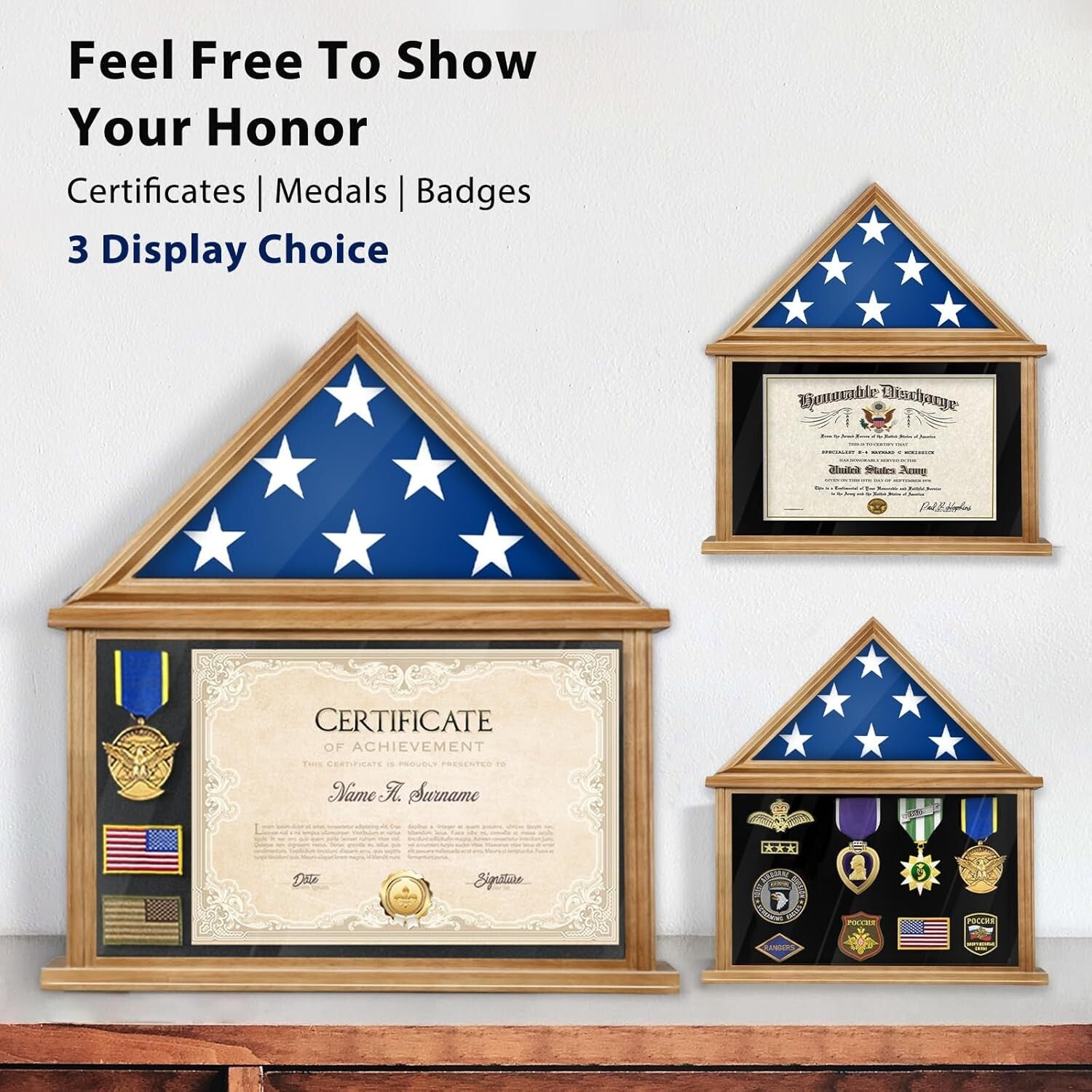 Veteran Honor Flag Display Box with Certificate Holder - Wall Mount or Tabletop
