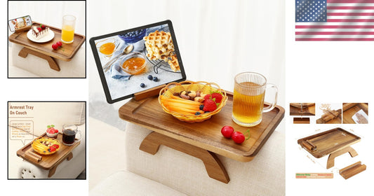 Adjustable Armrest Table with 360° Phone Holder - Modern Acacia Wood Design