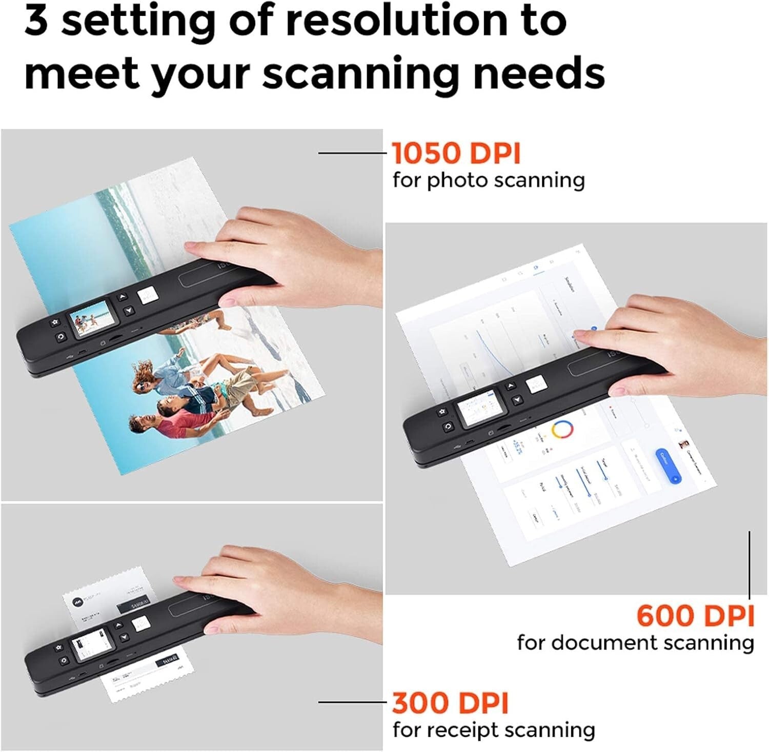 Lightweight Handheld Scanner for Photos & Documents at 1050 DPI Resolution