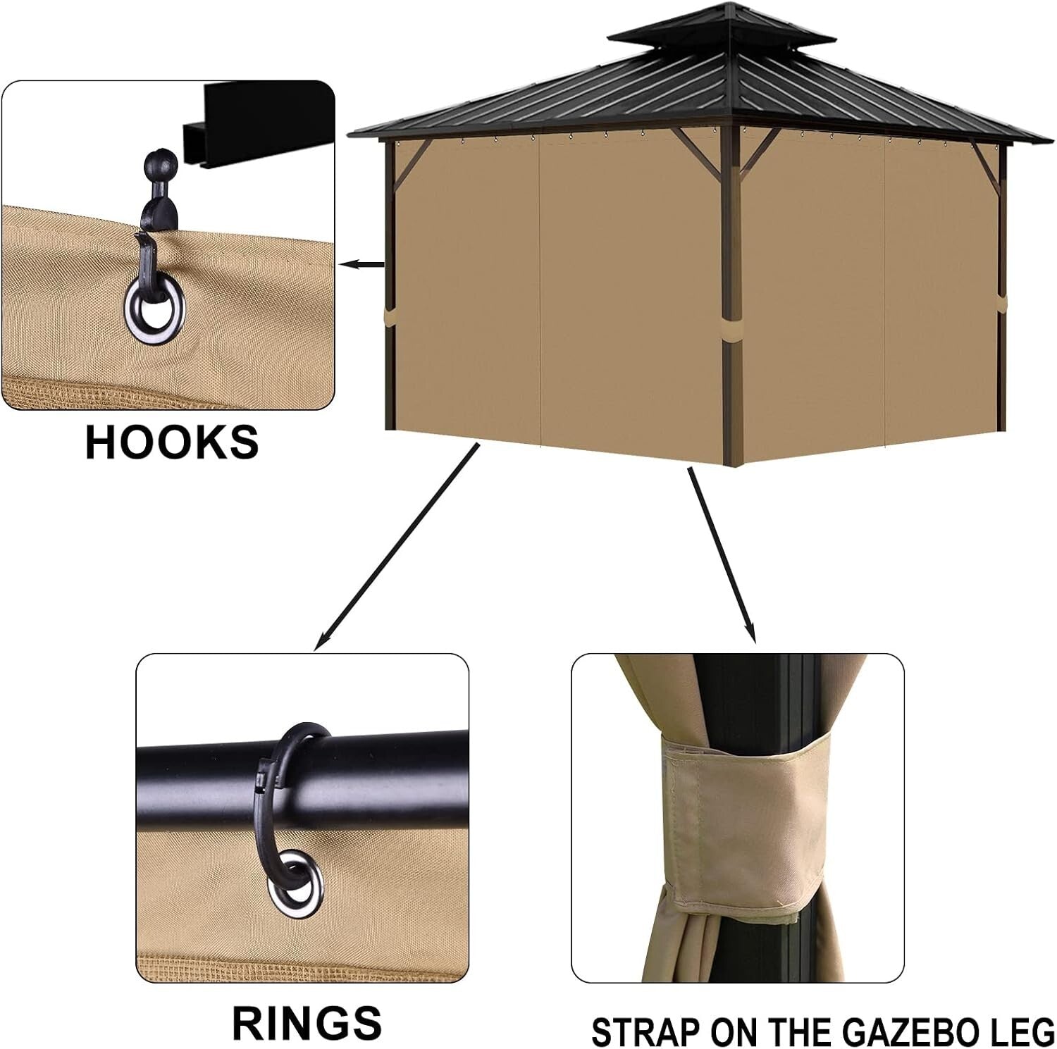 Elegant Outdoor Gazebo Curtain Set with 4 Panels - 10' x 12', Easy Install