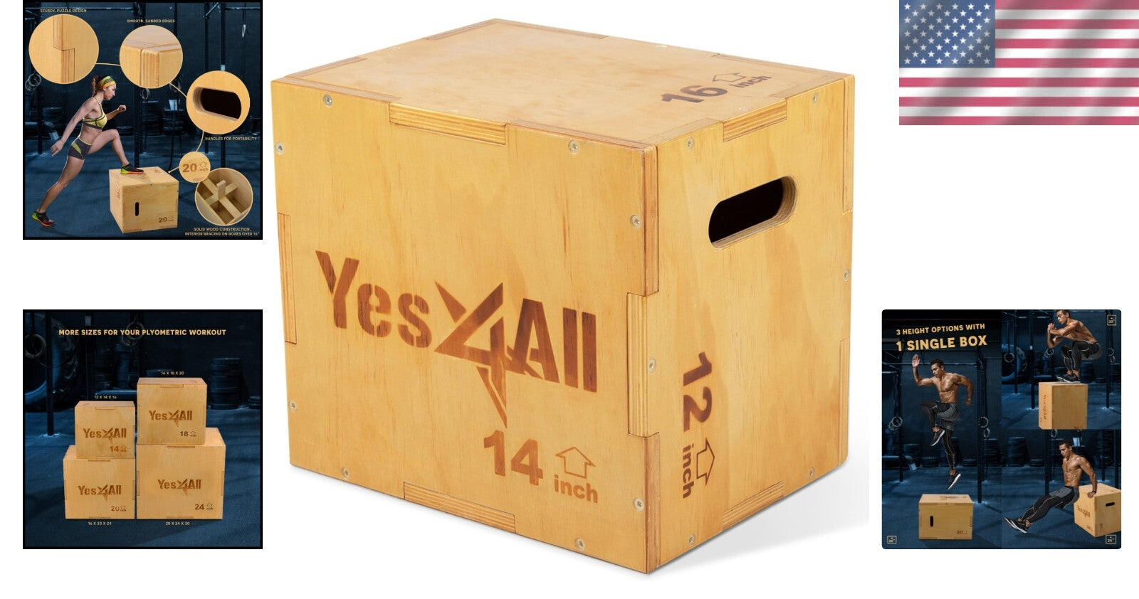 Adjustable Wooden Plyo Box for Safe Home Workouts – 3 Height Options Available