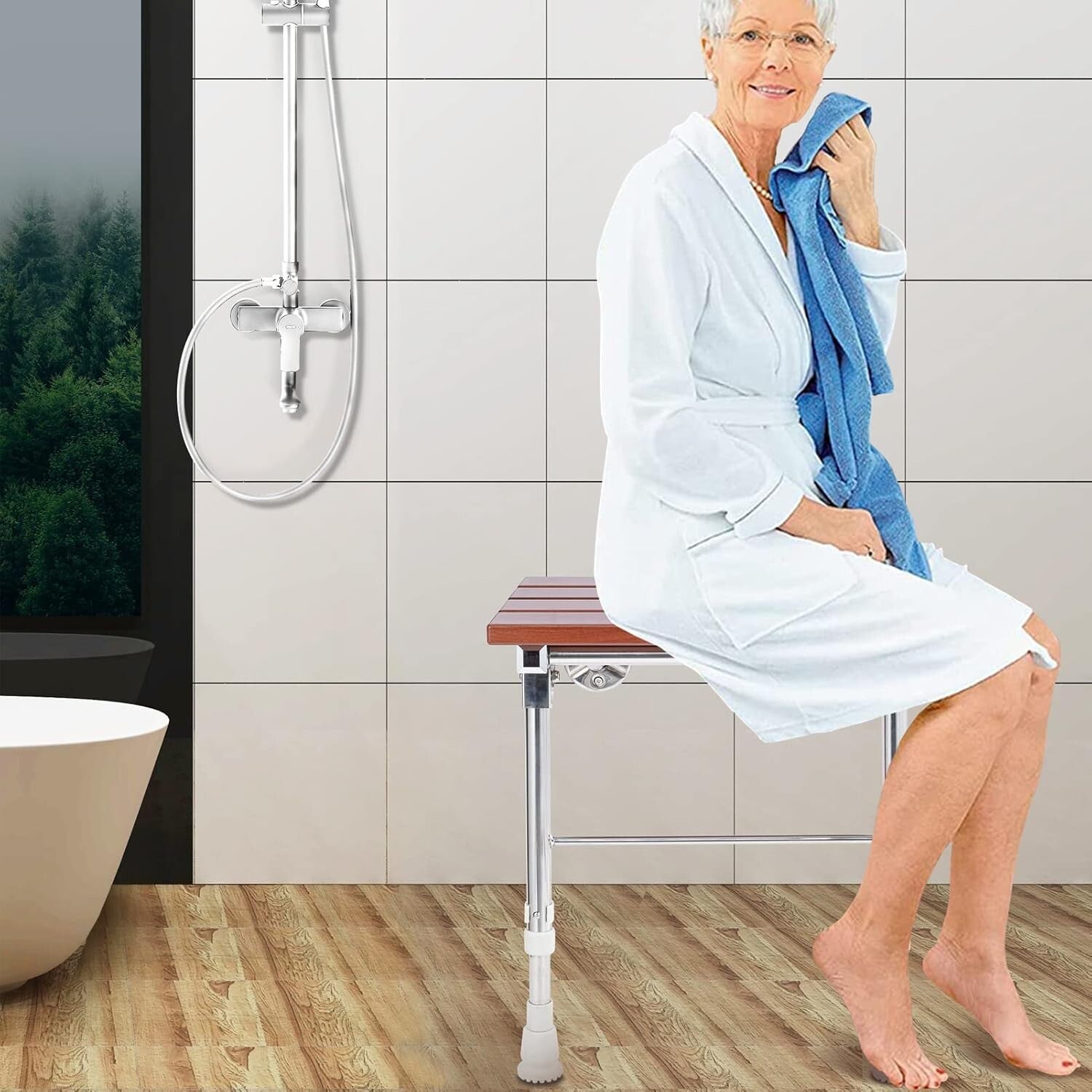 Height Adjustable Folding Shower Seat Wall-Mounted with Legs for Small Spaces