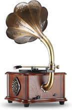 Load image into Gallery viewer, Vintage Phonograph Retro Turntable with Copper Horn – Bluetooth &amp; Aux Input