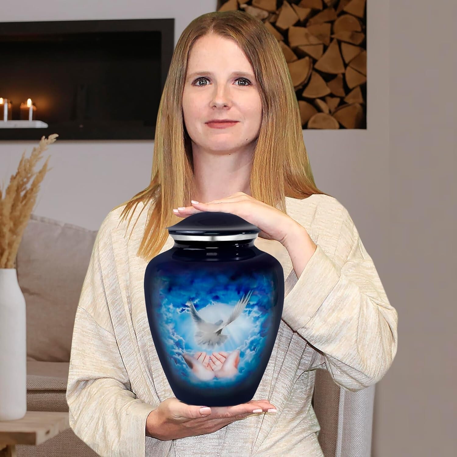 Durable 9.2" Blue Dove Cremation Urn - Secure Threaded Top, Velvet Bag Included