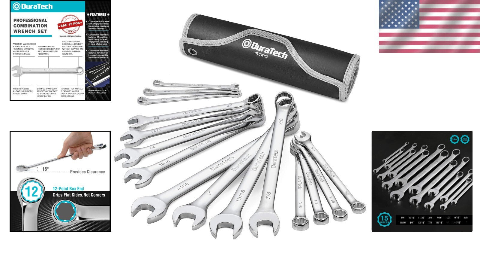 15-Piece Combination Wrench Set - Chrome Vanadium, 12-Point, Portable Pouch