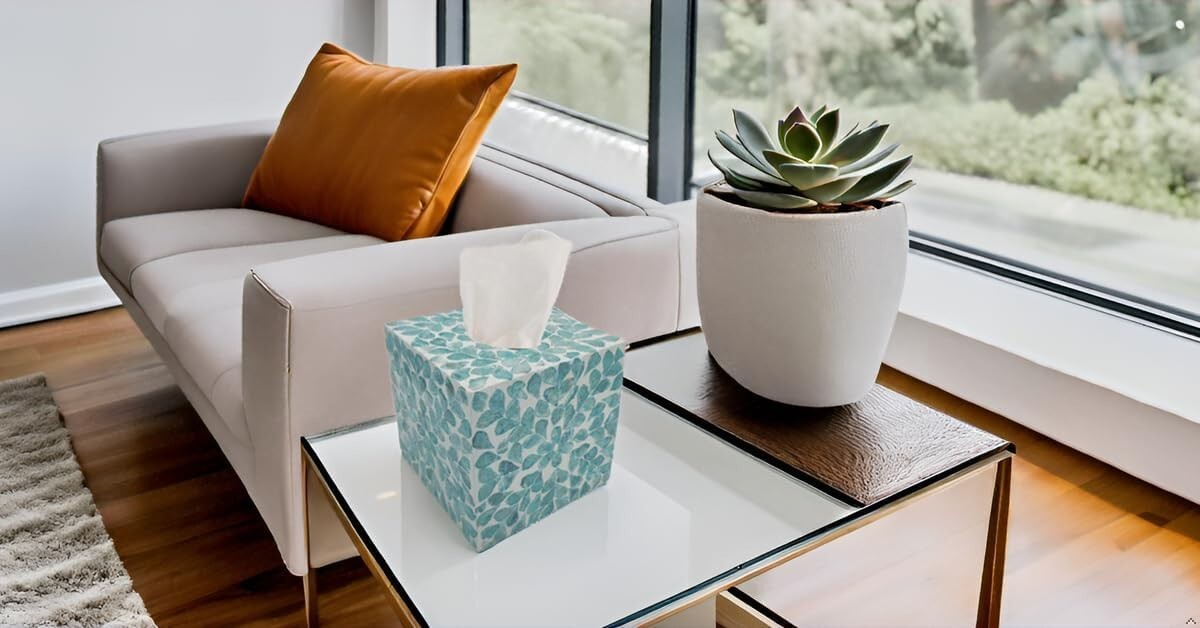 5.9-Inch Mother of Pearl Cube Tissue Box Cover - Rustic Teal Floral Decor