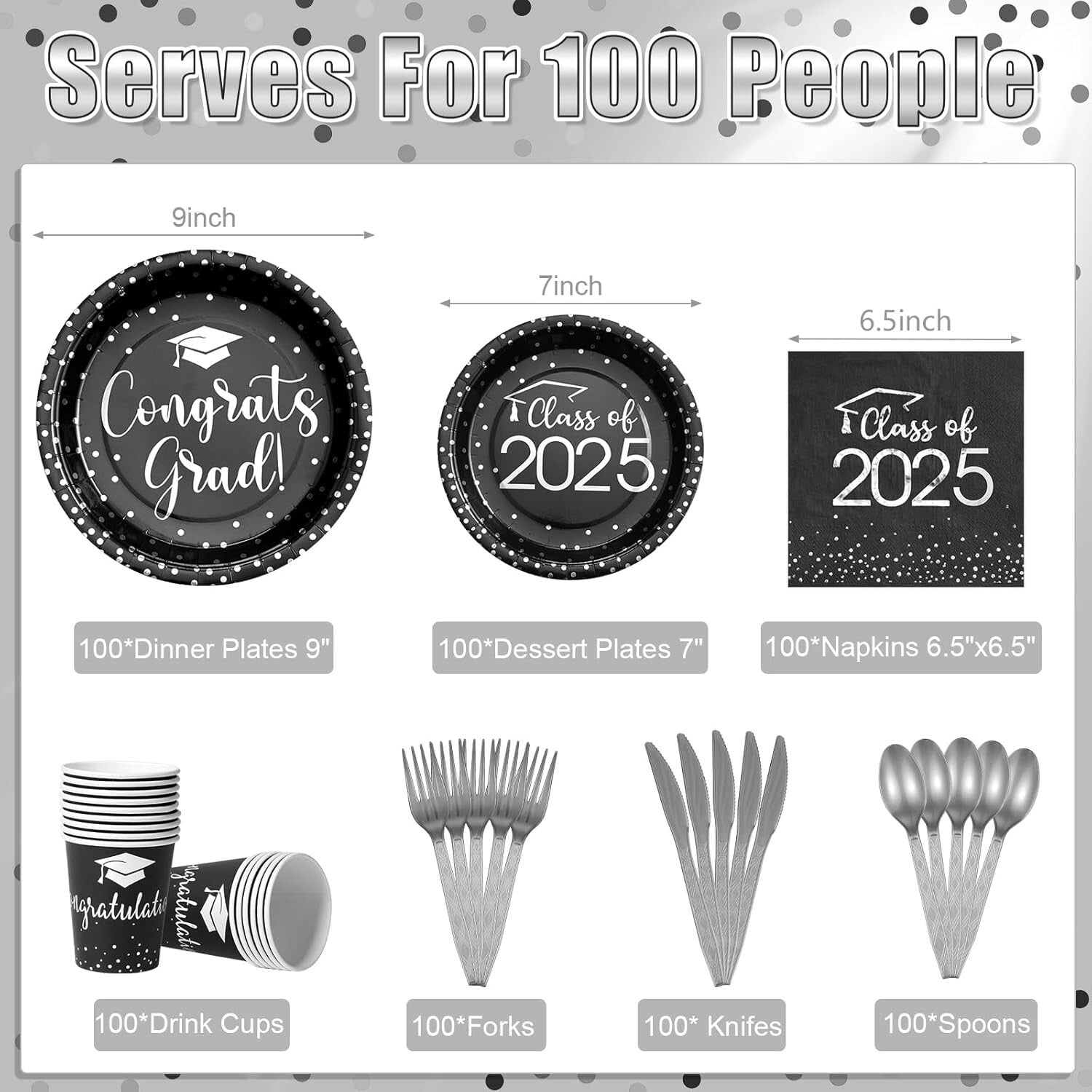 700pcs Graduation Party Supplies - Stylish Black & Silver Plates & Napkins