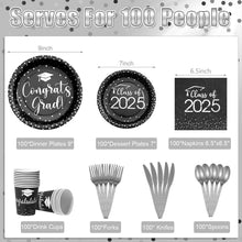 Load image into Gallery viewer, 700pcs Graduation Party Supplies - Stylish Black &amp; Silver Plates &amp; Napkins