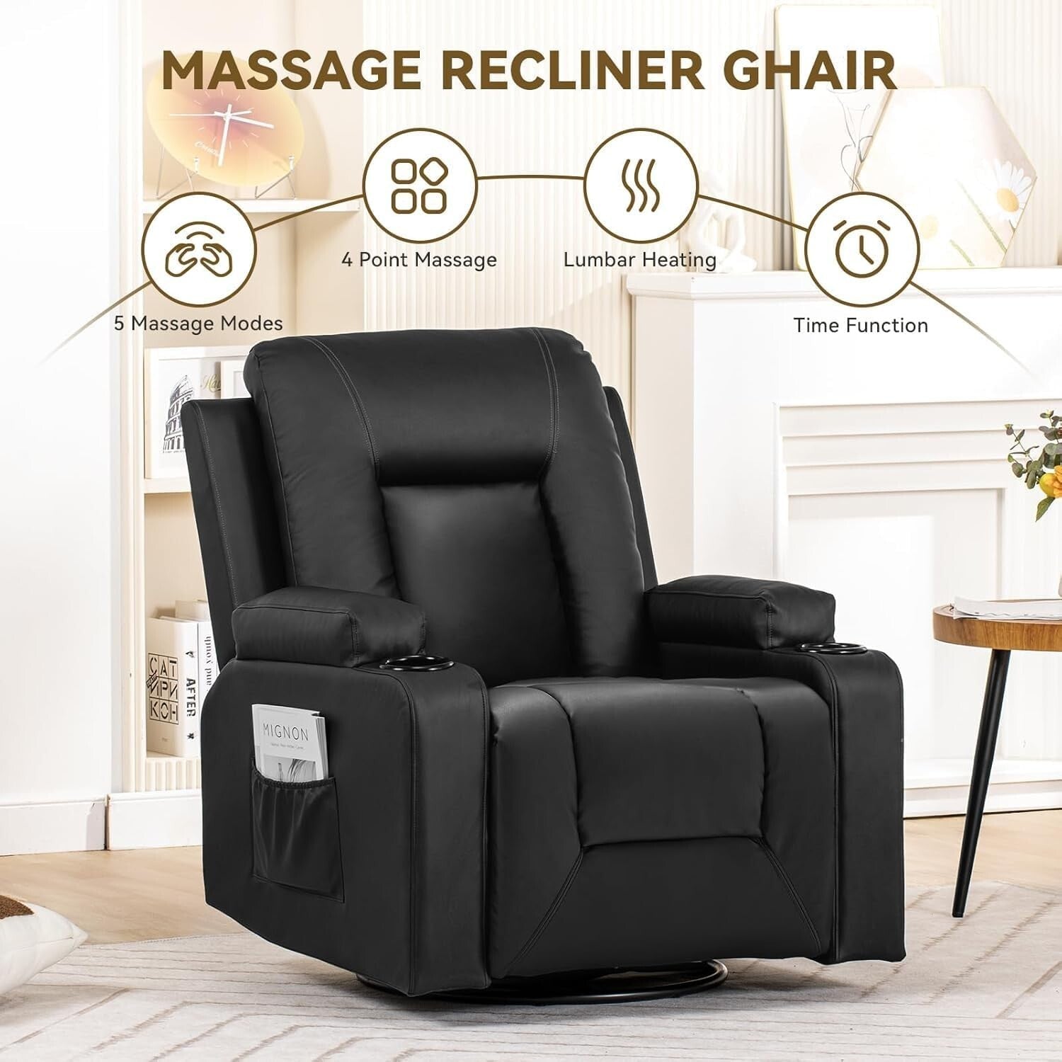 Contemporary Black Recliner Chair with Massage, Cup Holders, and Storage Pockets