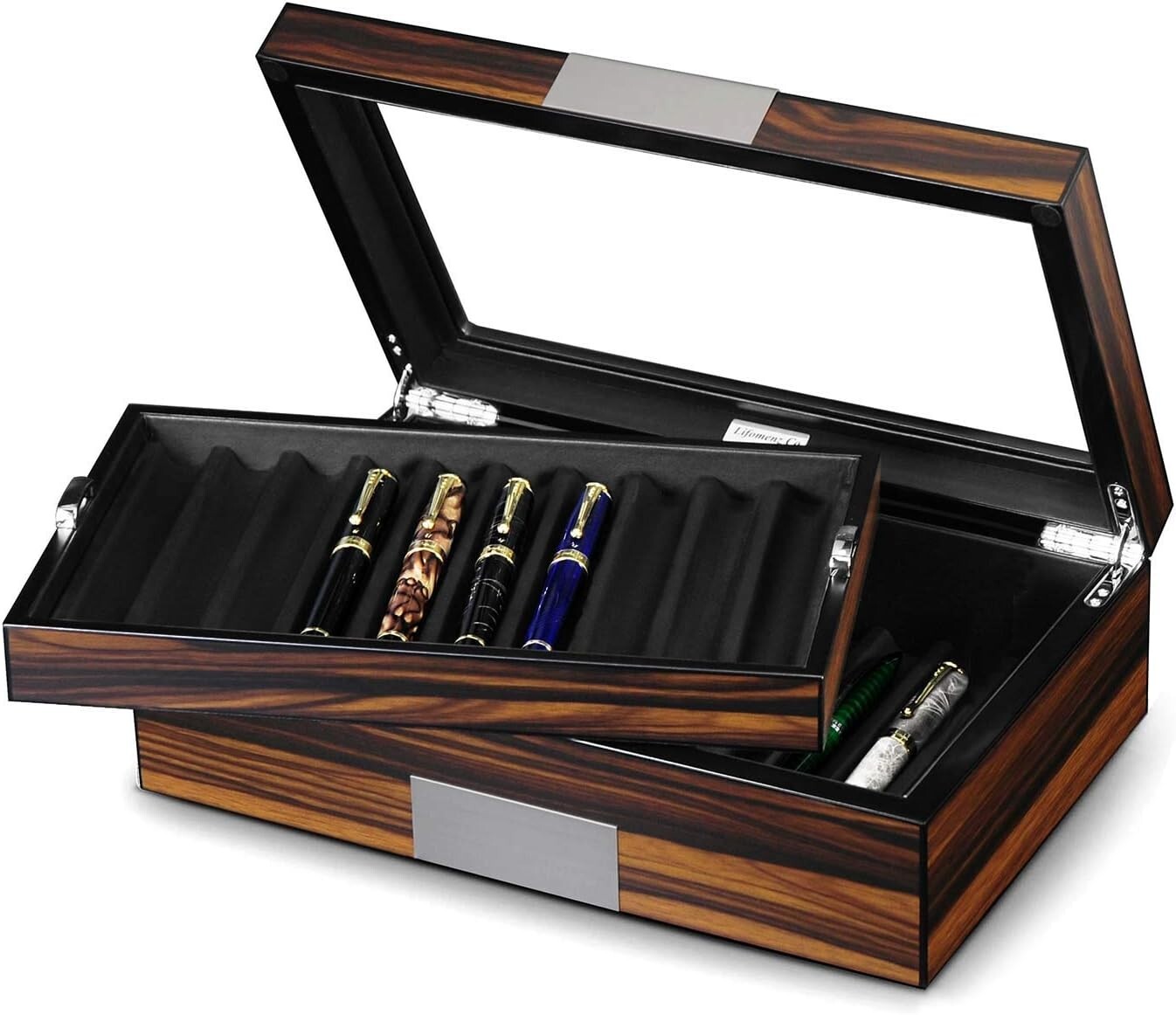 Portable Ebony Wood Pen Case with Glass Window - Protects & Displays 20 Pens