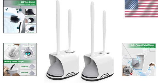 Deep Cleaning Toilet Brush and Plunger Set with Ergonomic Handle - White/Black