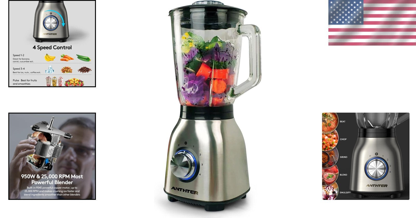 950W Professional Blender with 50 Oz Glass Jar - Perfect for Smoothies & Ice