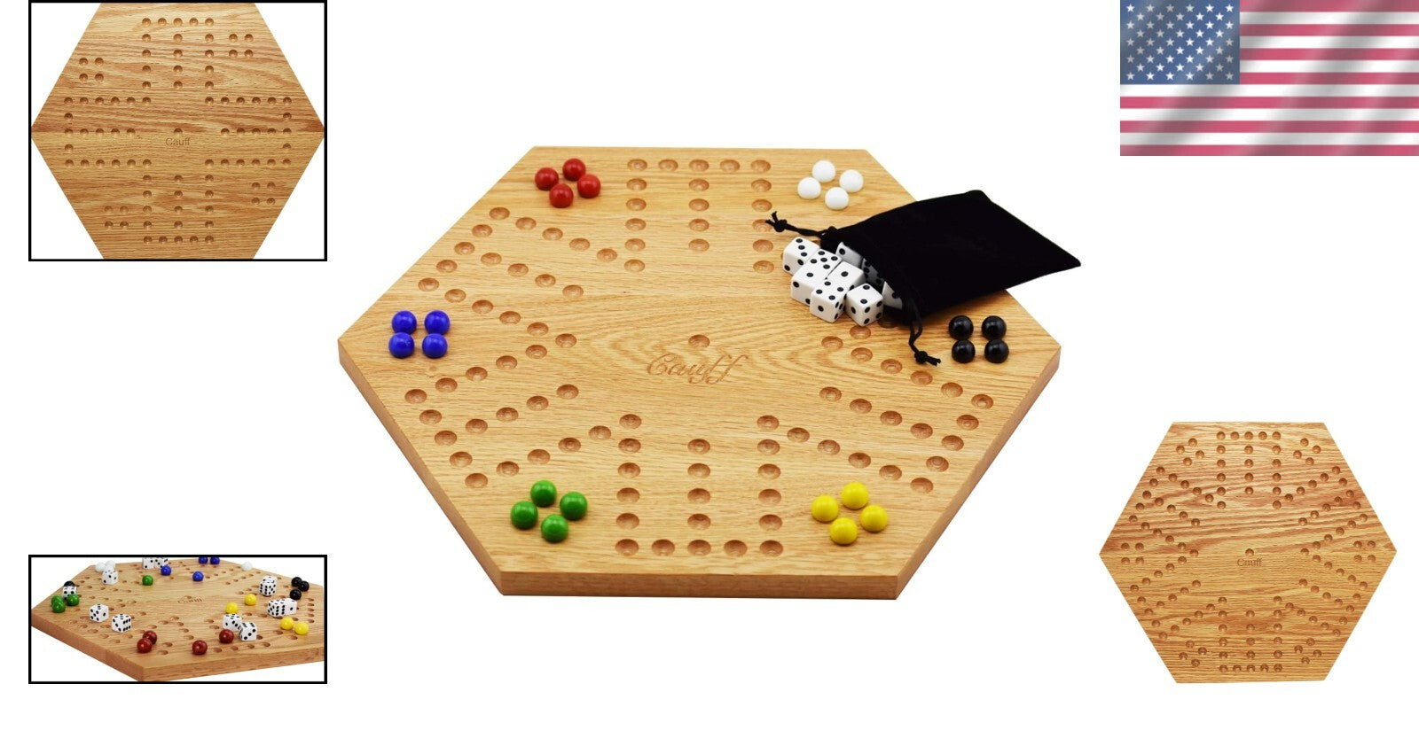 Double-Sided Marbles Game with Dice & Storage Bag - 4-6 Players - Oak Board