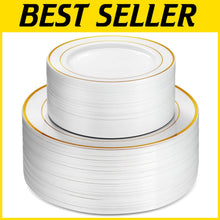 Load image into Gallery viewer, Sophisticated White Gold Trim Plastic Plates - Perfect for Weddings &amp; Parties